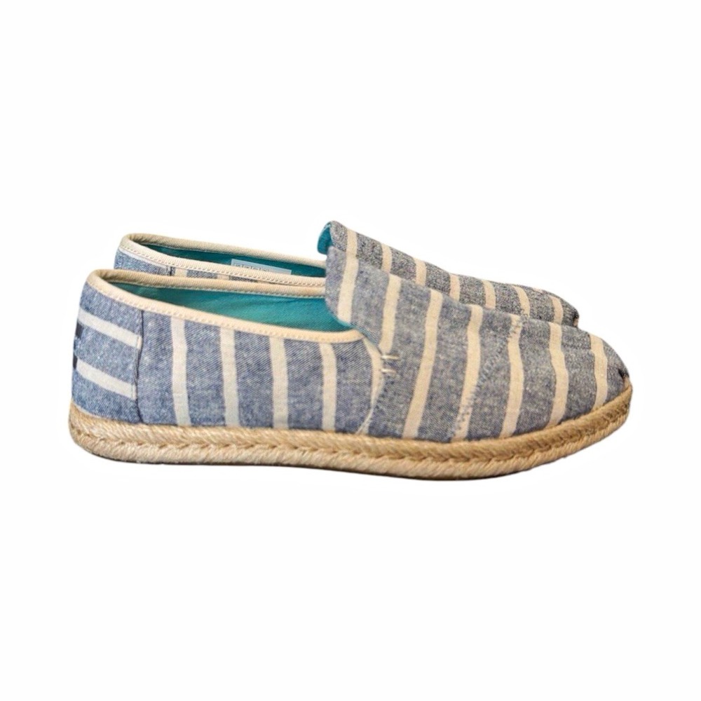 TOMS Blue/White Striped Canvas Espadrille Flats Size 7.5 Comfort Nautical Casual